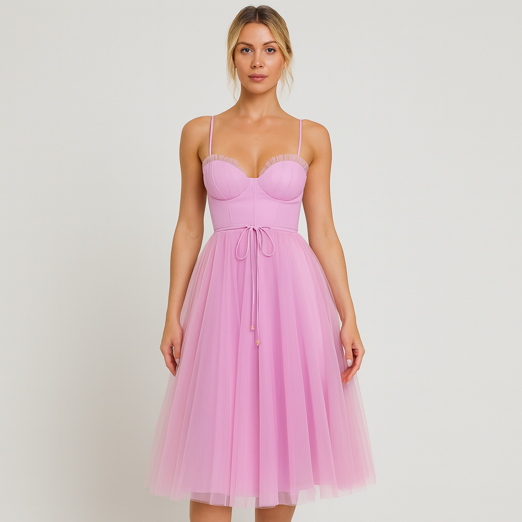 Tulle midi dress with fitted corset bodice, sweetheart neckline, and layered flowing skirt, styled with delicate accessories.