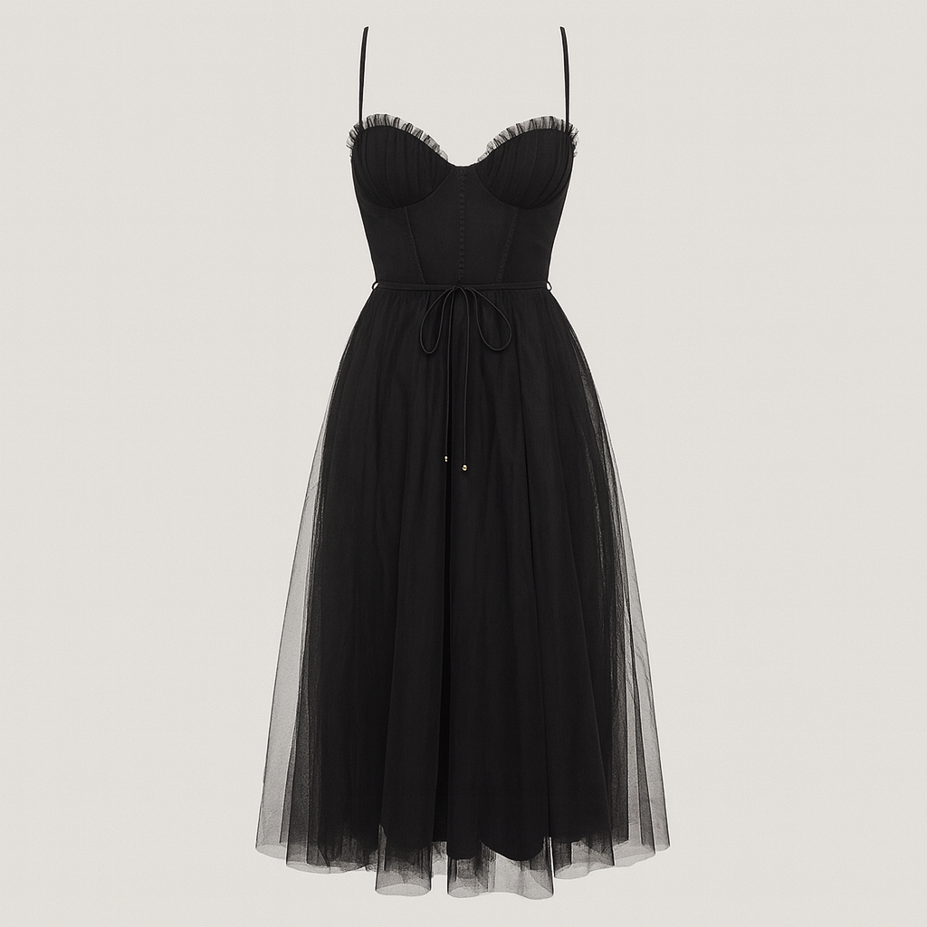 Tulle midi dress with fitted corset bodice, sweetheart neckline, and layered flowing skirt