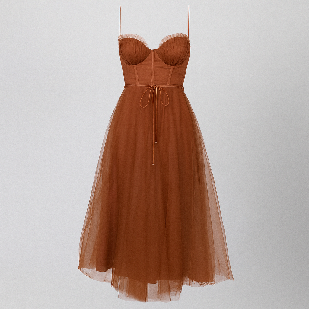 Tulle midi dress with fitted corset bodice, sweetheart neckline, and layered flowing skirt