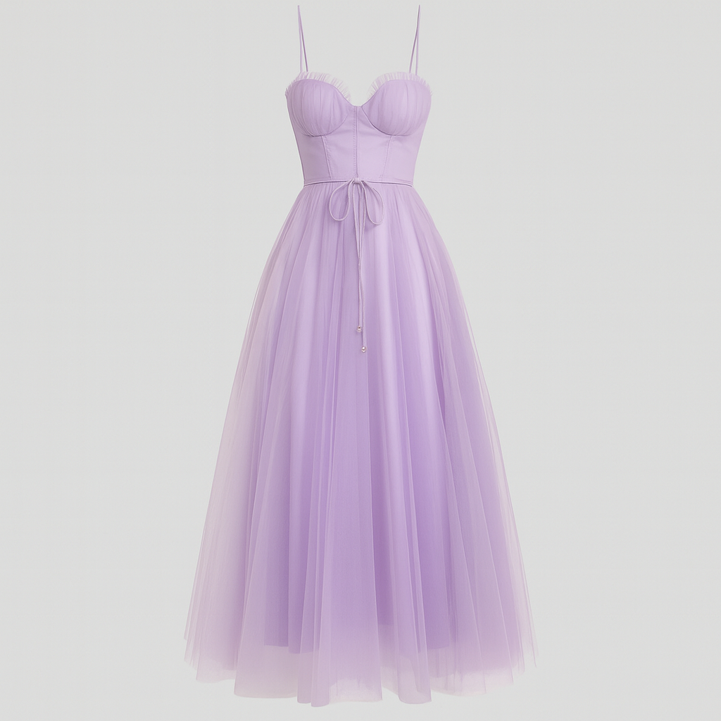 Tulle midi dress with fitted corset bodice, sweetheart neckline, and layered flowing skirt