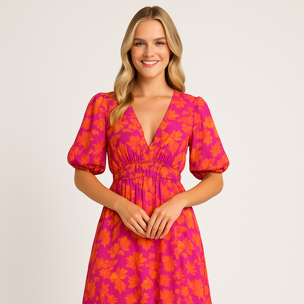 Bright pink and orange floral midi dress with puff sleeves, deep V-neckline, and flowy skirt, styled with neutral heels and a clutch.