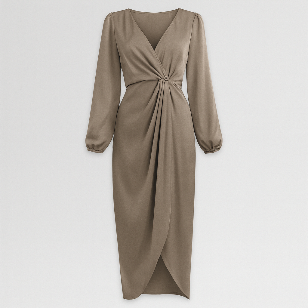 The Evelina Surplice Formal Dress – Dresses – Beige – Lila Faye