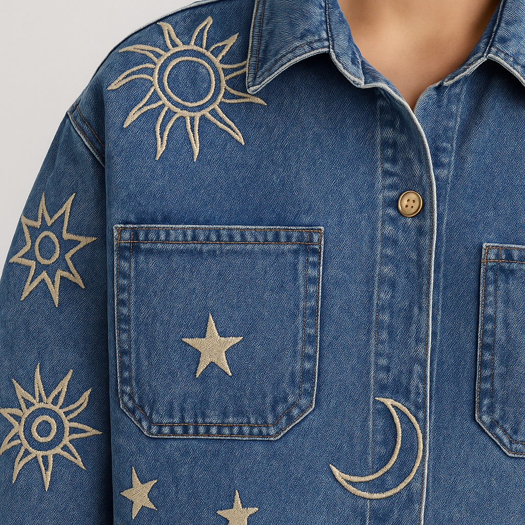 Oversized denim jacket with embroidered sun, moon, and star motifs, styled casually with white boho pieces.