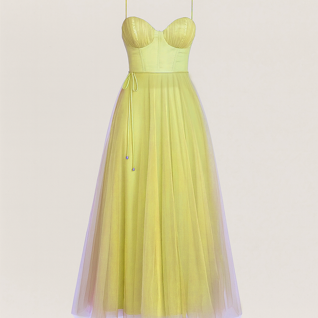 Tulle midi dress with fitted corset bodice, sweetheart neckline, and layered flowing skirt