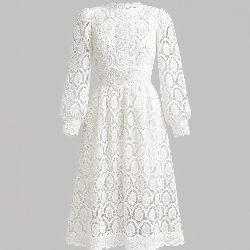 Lace midi dress with high neckline, long sheer sleeves, and scalloped hem