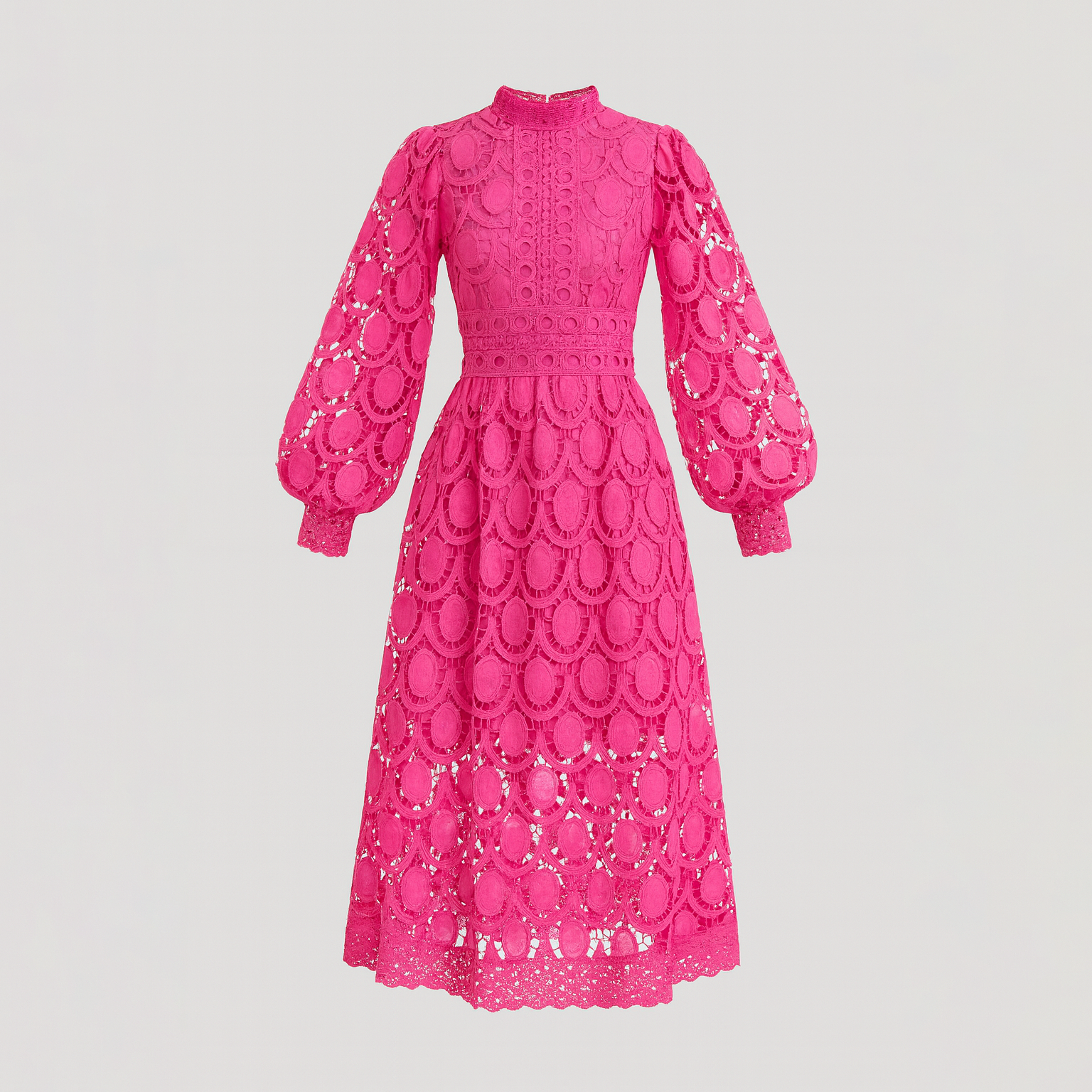 Lace midi dress with high neckline, long sheer sleeves, and scalloped hem