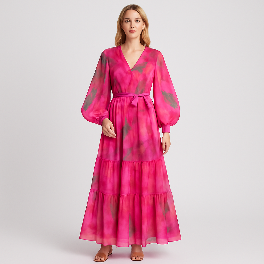 Flowing watercolor-print maxi dress in shades of pink, green, and coral with V-neckline, belted waist, and billowy sleeves.