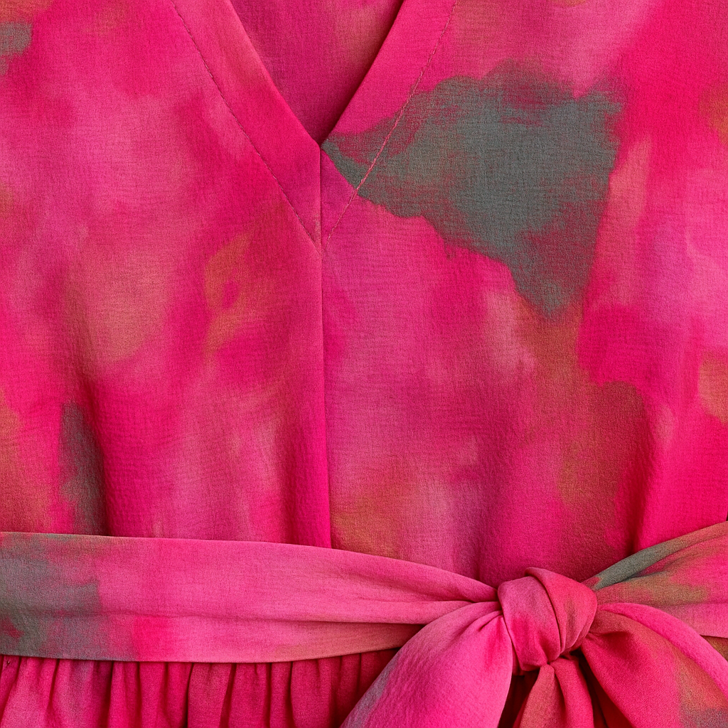 Flowing watercolor-print maxi dress in shades of pink, green, and coral with V-neckline, belted waist, and billowy sleeves.