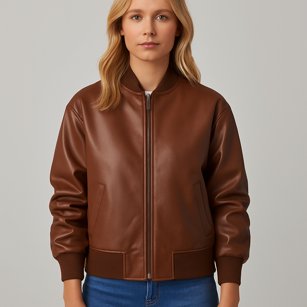 Brown faux leather bomber jacket with ribbed collar, cuffs, and hem, styled casually with jeans and a white crop top.