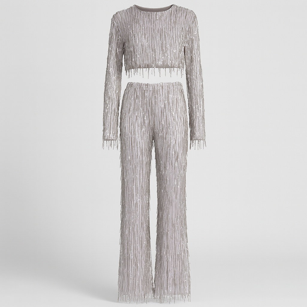The Fiorella Sequin Two-Piece Set – Jumpsuit – Silver – Lila Faye