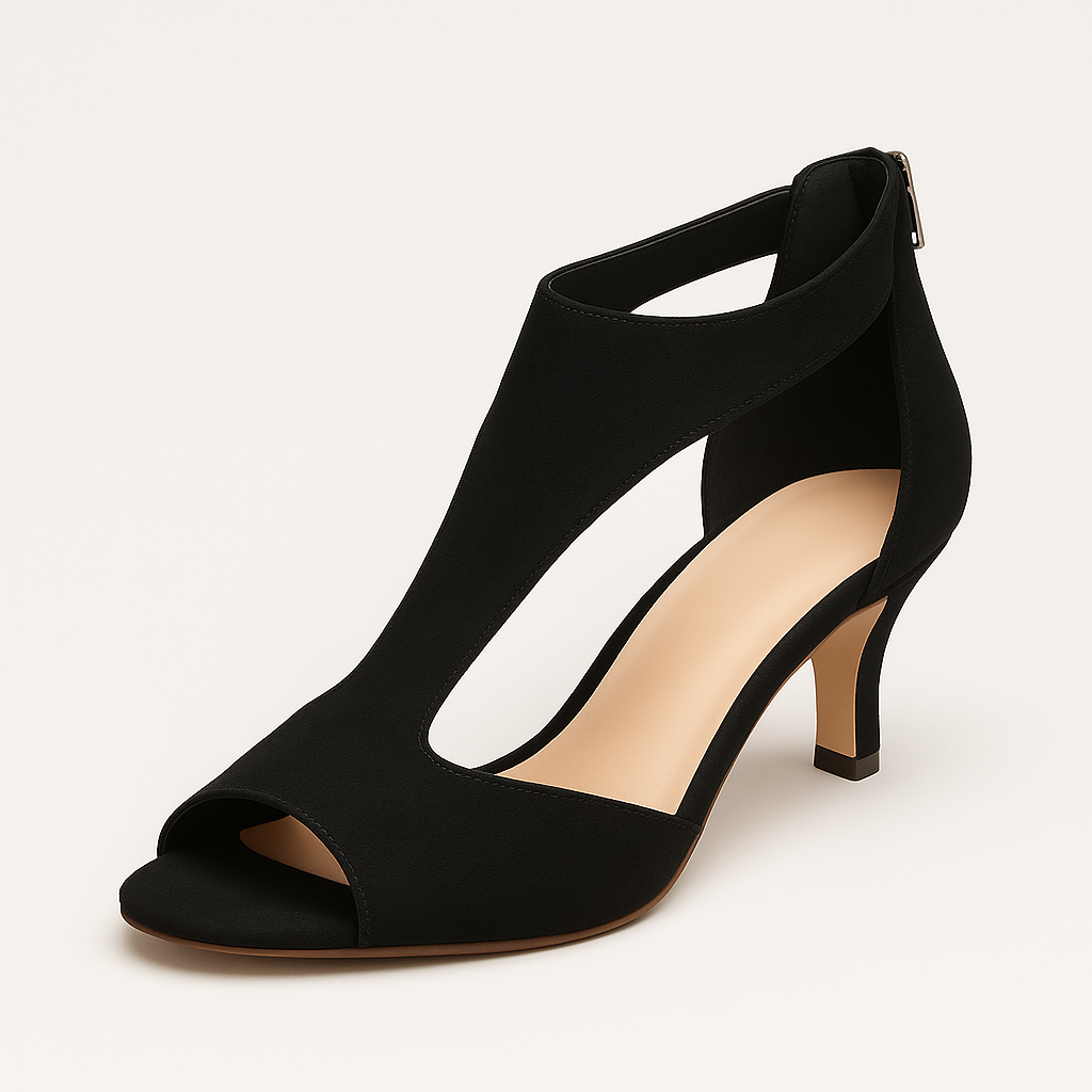 Nude peep-toe heels with cutout side design, mid-height heel, and back zipper closure