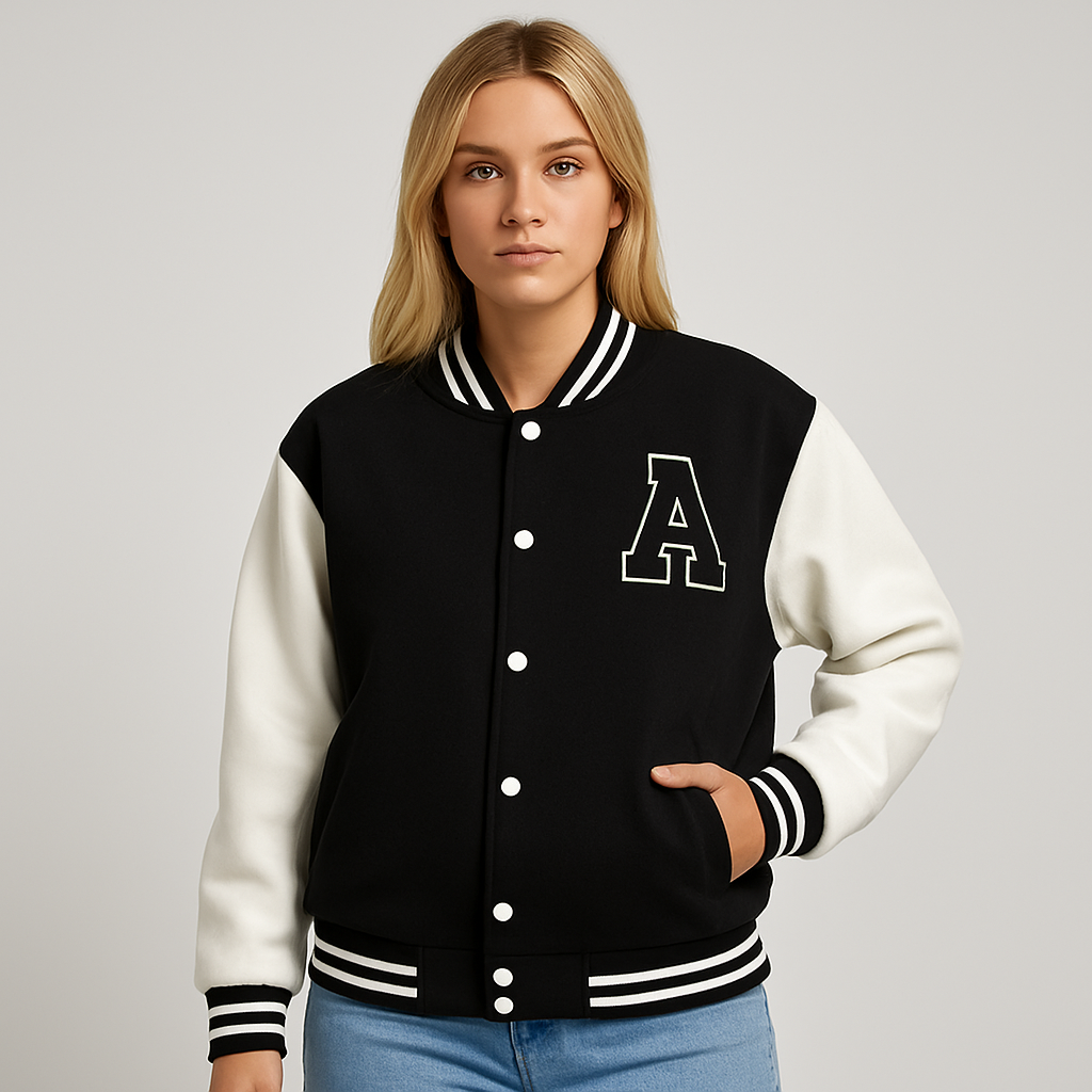 Black and white oversized varsity jacket with striped ribbed trim and bold “A” patch, styled with jeans and a crop top.
Additional Details: