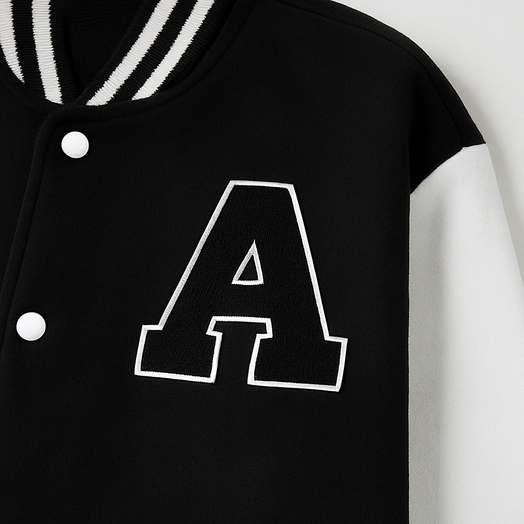 Black and white oversized varsity jacket with striped ribbed trim and bold “A” patch, styled with jeans and a crop top.
Additional Details: