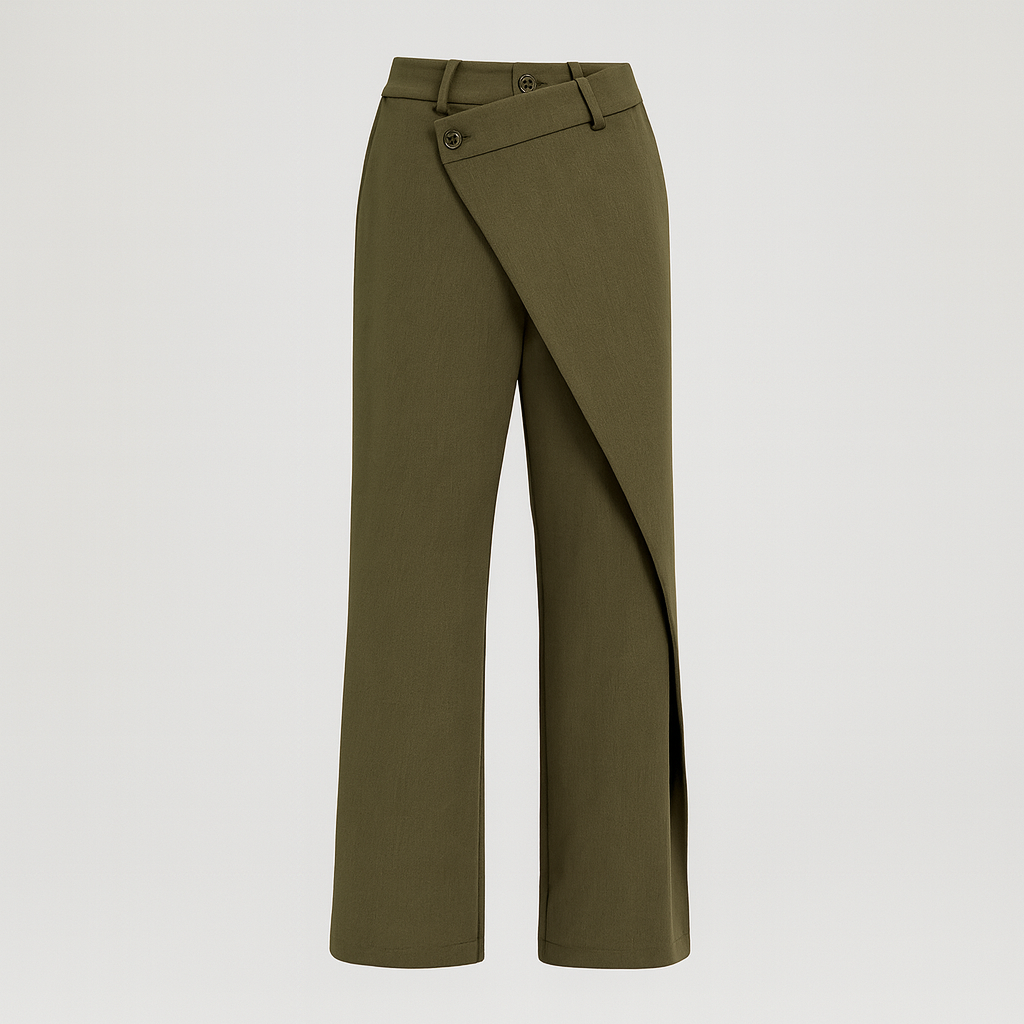 Tailored trousers with asymmetrical wrap-over front detail, single button closure, and cuffed hem, designed for contemporary formal wear