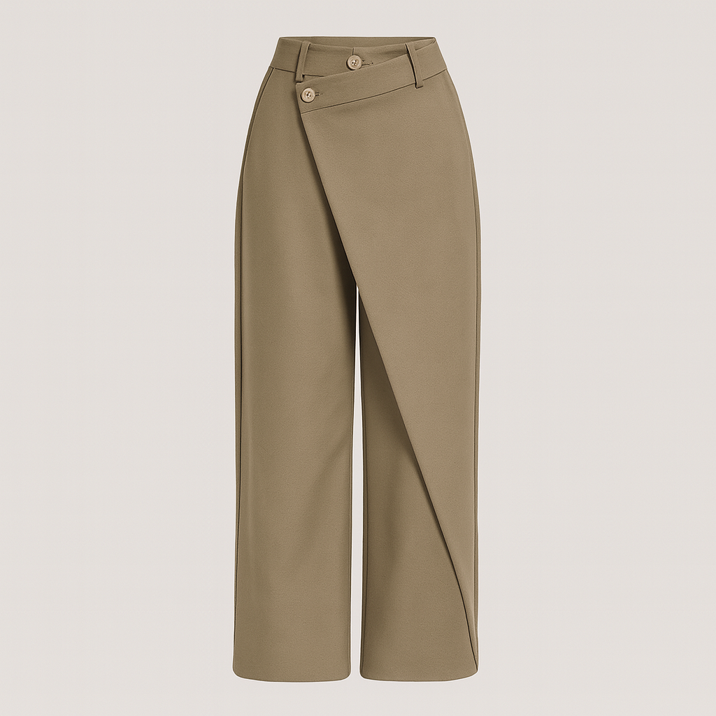 Tailored trousers with asymmetrical wrap-over front detail, single button closure, and cuffed hem, designed for contemporary formal wear