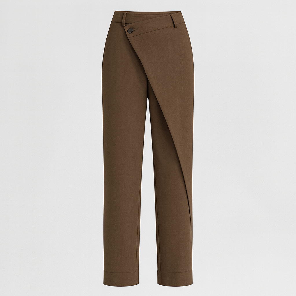 Tailored trousers with asymmetrical wrap-over front detail, single button closure, and cuffed hem, designed for contemporary formal wear