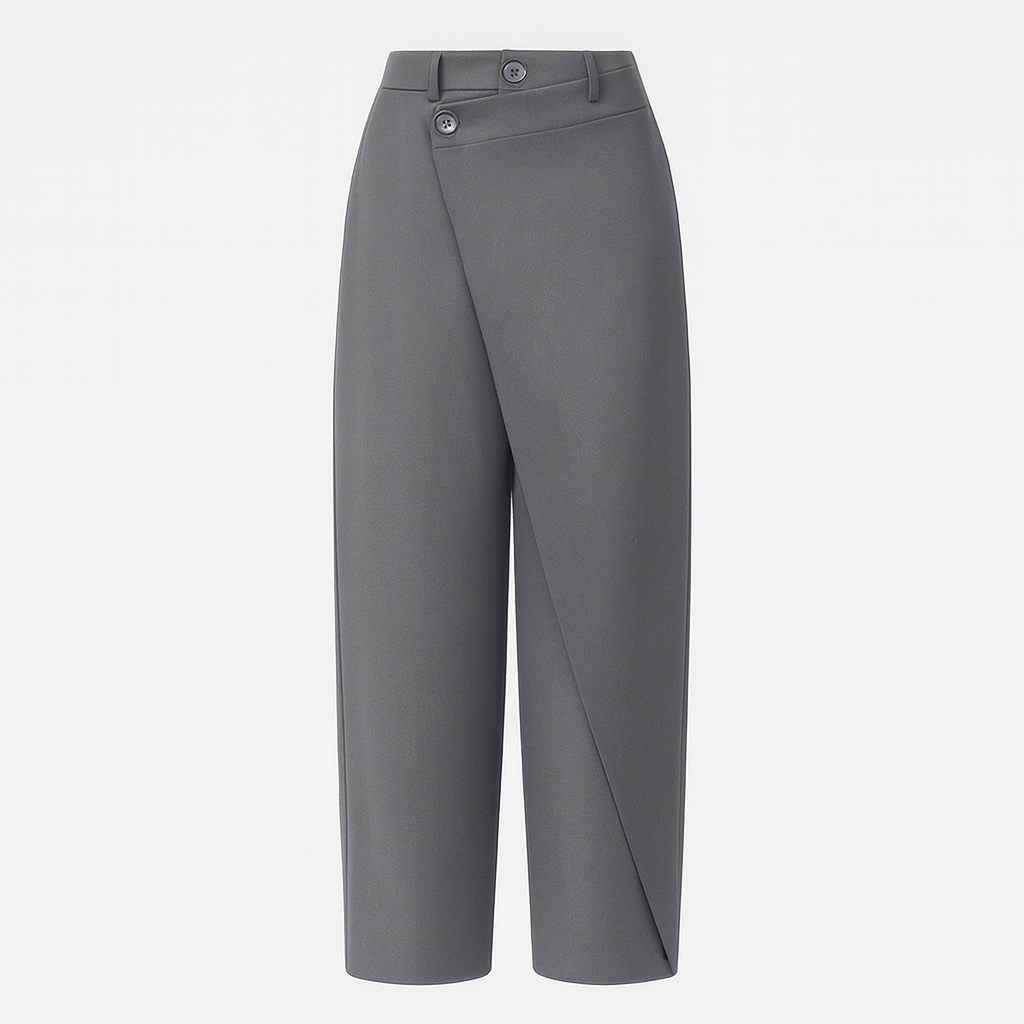 Tailored trousers with asymmetrical wrap-over front detail, single button closure, and cuffed hem, designed for contemporary formal wear