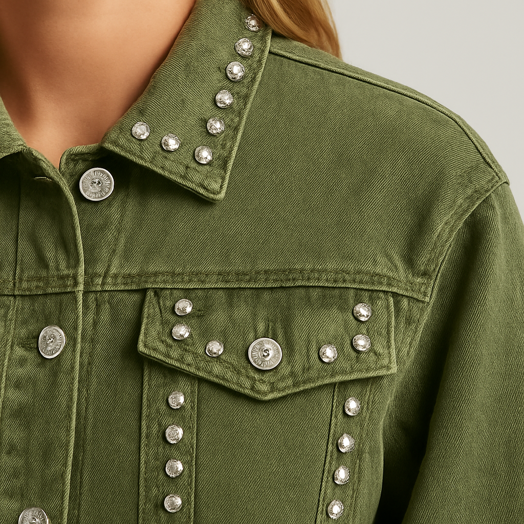 Olive green cropped denim jacket with rhinestone embellishments, styled with distressed shorts and layered jewelry.