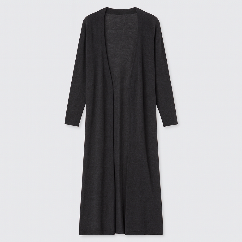 Long open-front cardigan with full-length drape, long sleeves, and relaxed fit, designed for layering and casual wear