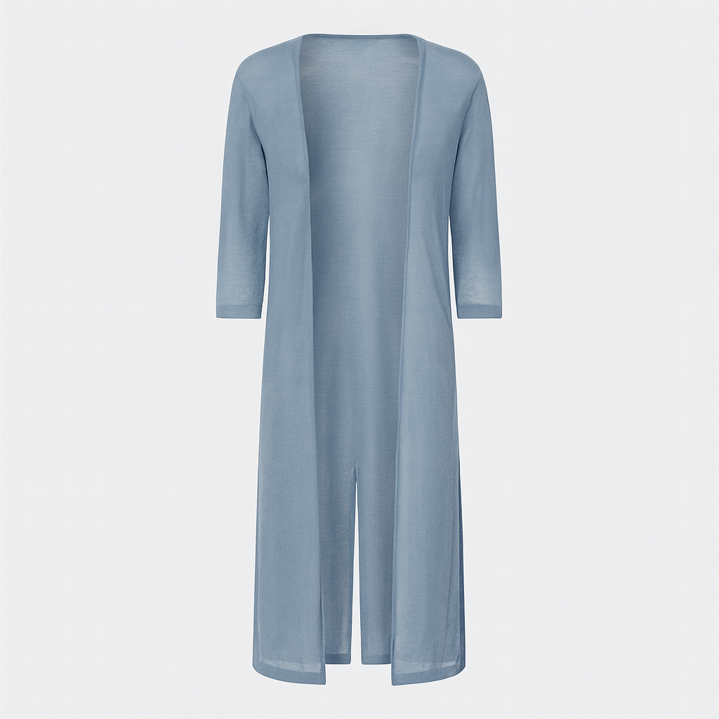 Long open-front cardigan with full-length drape, long sleeves, and relaxed fit, designed for layering and casual wear