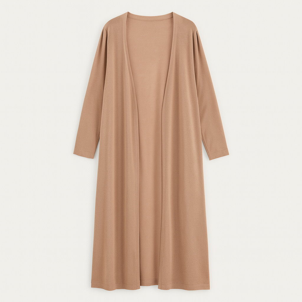 Long open-front cardigan with full-length drape, long sleeves, and relaxed fit, designed for layering and casual wear