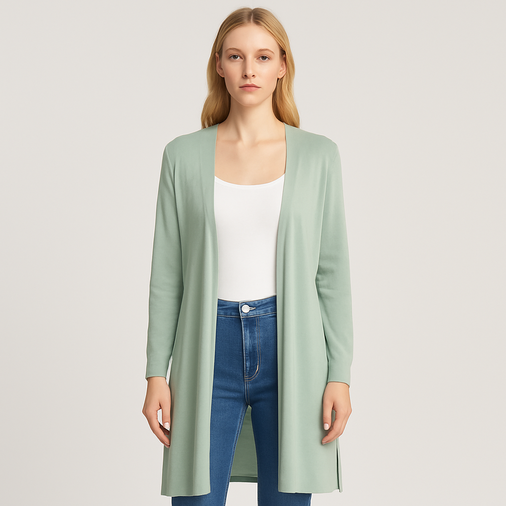 Long open-front cardigan with full-length drape, long sleeves, and relaxed fit, designed for layering and casual wear