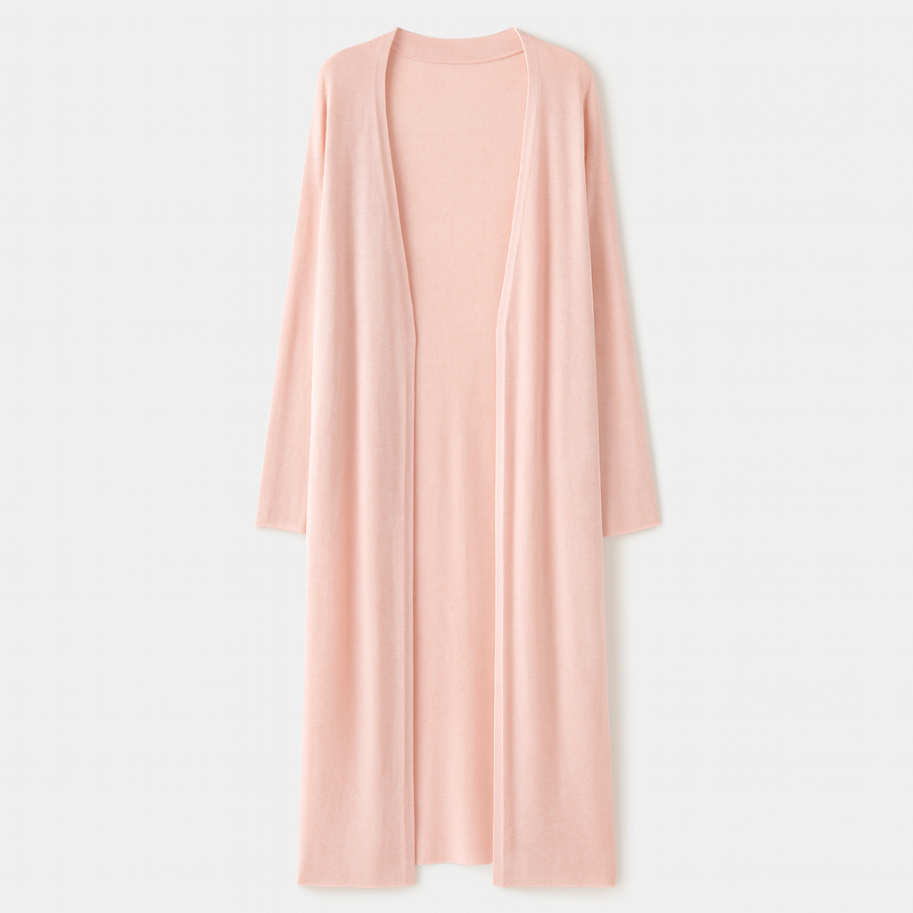 Long open-front cardigan with full-length drape, long sleeves, and relaxed fit, designed for layering and casual wear