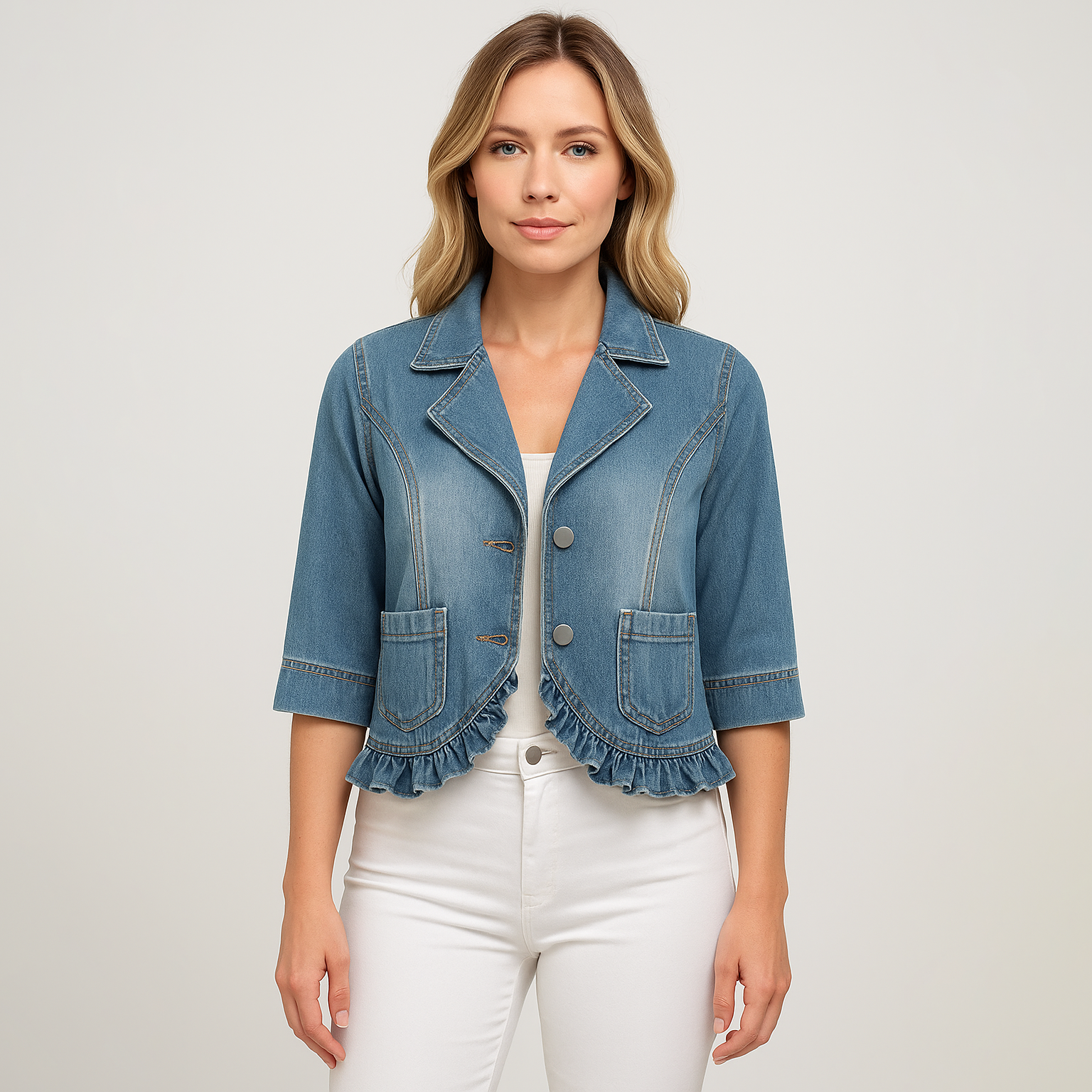 Light blue cropped denim jacket with ruffle hem detailing and three-quarter sleeves, styled with a white tank and white pants.