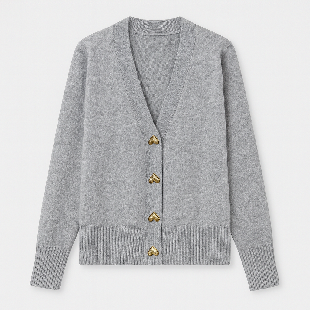 V-neck cardigan with ribbed hem and cuffs, front closure featuring heart-shaped buttons, designed for casual layering wear