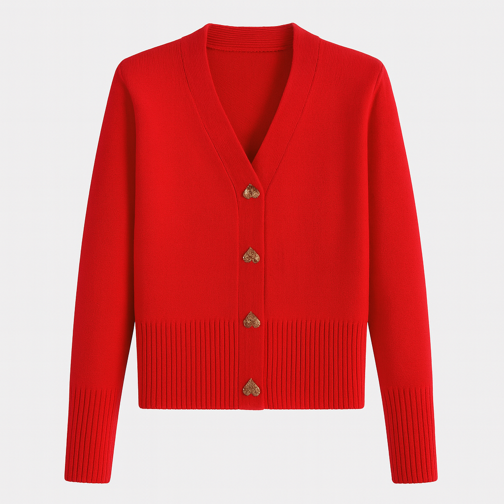 V-neck cardigan with ribbed hem and cuffs, front closure featuring heart-shaped buttons, designed for casual layering wear