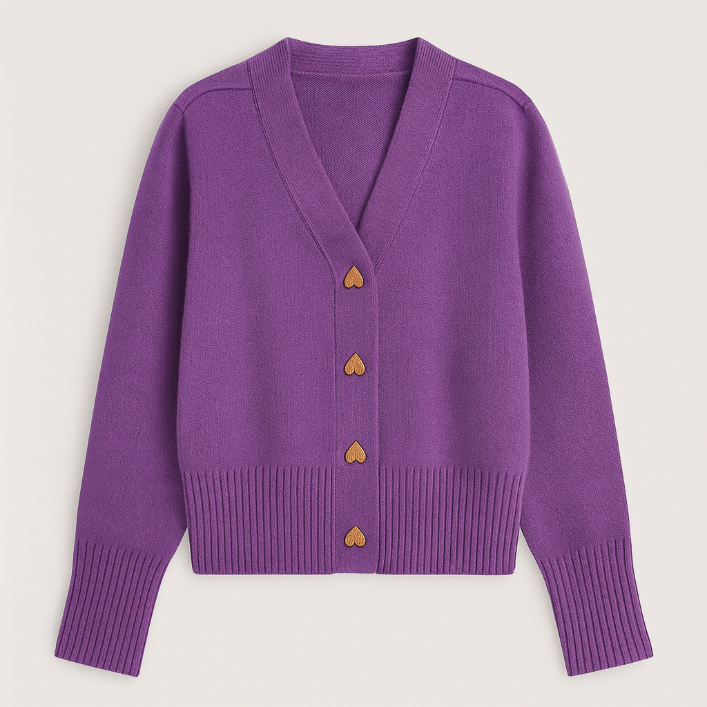 V-neck cardigan with ribbed hem and cuffs, front closure featuring heart-shaped buttons, designed for casual layering wear