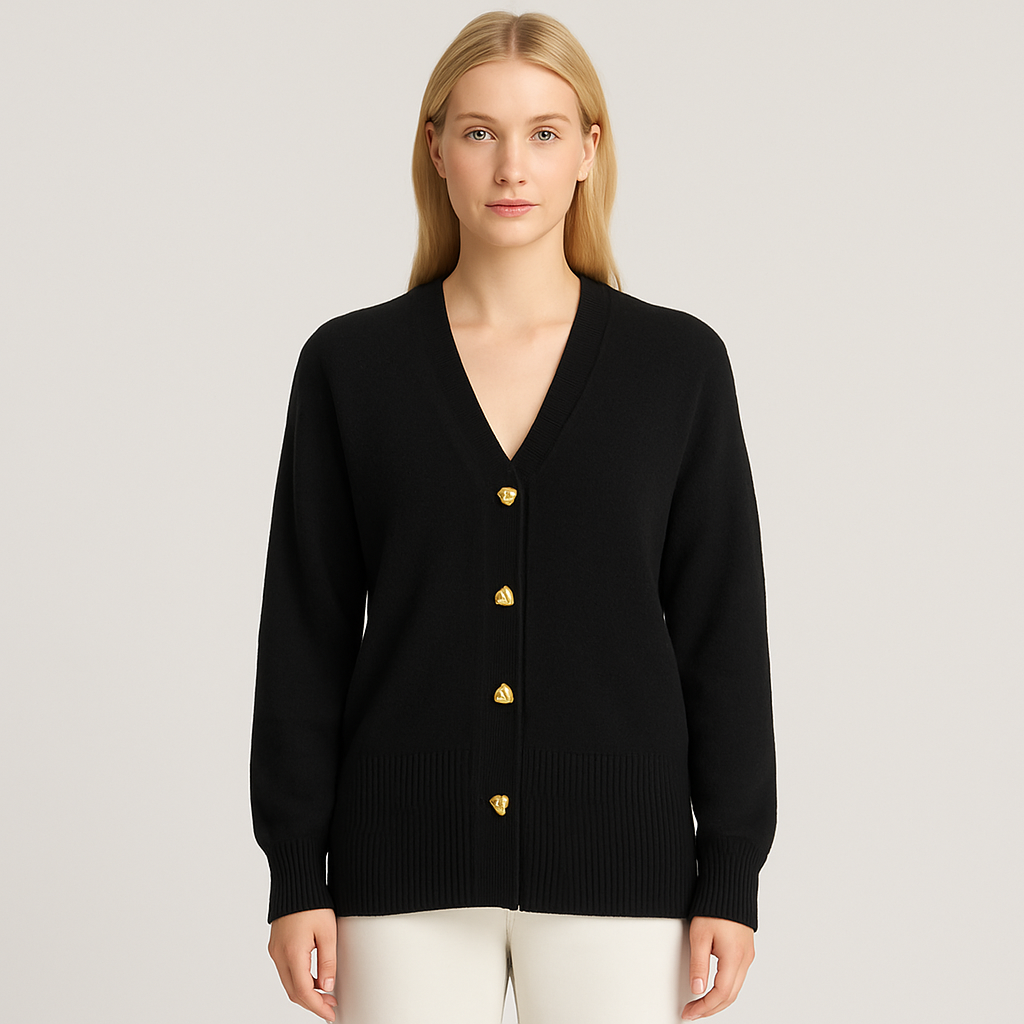 V-neck cardigan with ribbed hem and cuffs, front closure featuring heart-shaped buttons, designed for casual layering wear