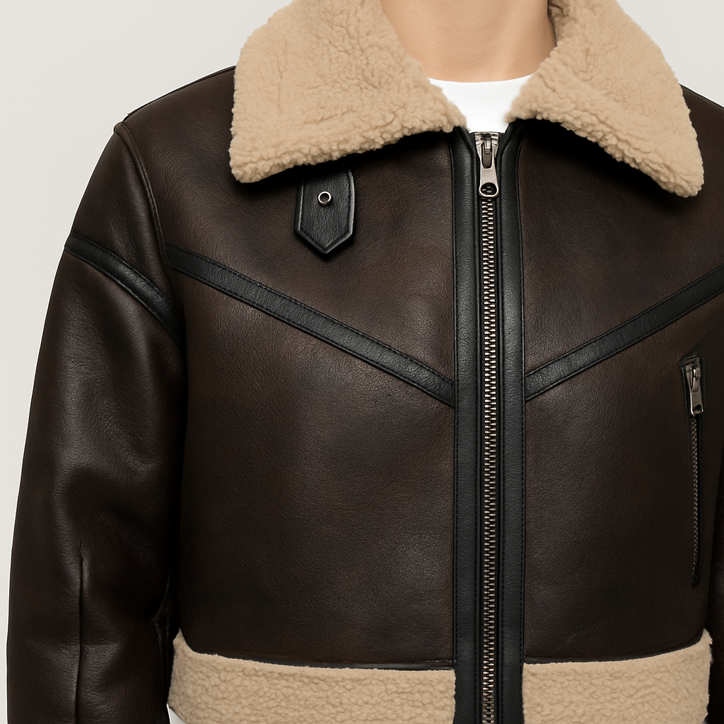 Dark brown faux leather aviator jacket with cream shearling lining, buckle collar, and belted hem, styled casually with jeans and a white tee.