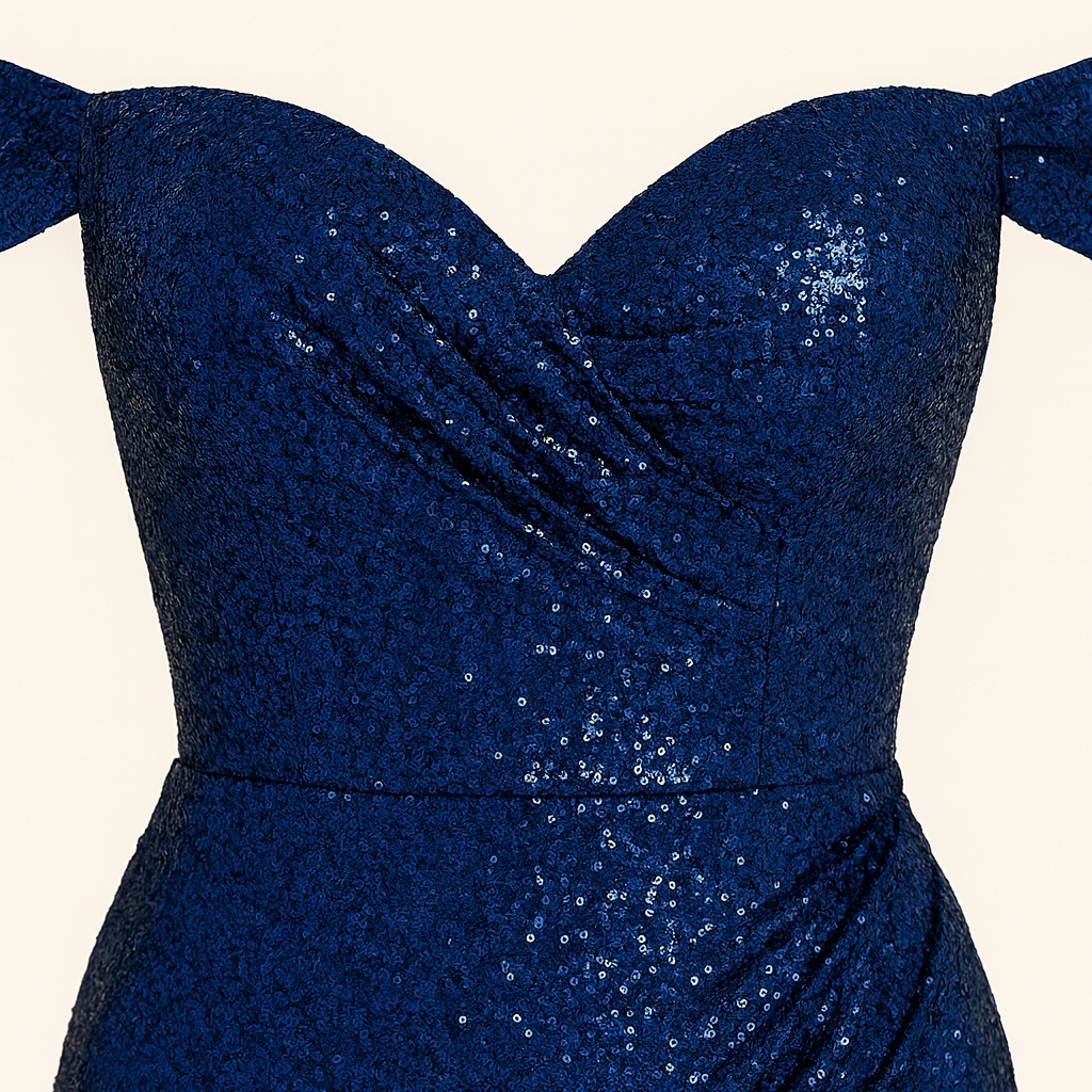 Sequin gown with off-shoulder neckline, fitted silhouette, and thigh-high slit, styled for formal evening occasions