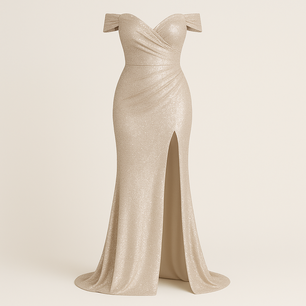 Sequin gown with off-shoulder neckline, fitted silhouette, and thigh-high slit, styled for formal evening occasions