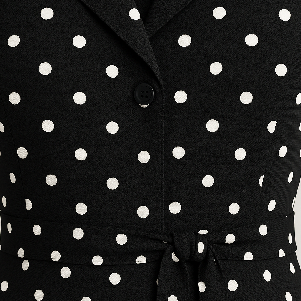 Midi dress with notched collar, wrap-style bodice, waist tie, and A-line silhouette, designed for versatile day-to-night wear