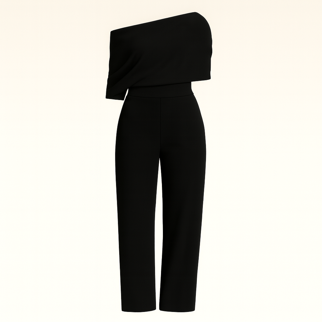 One-shoulder jumpsuit with asymmetric neckline, tailored waist, and wide-leg fit, styled for modern elegance