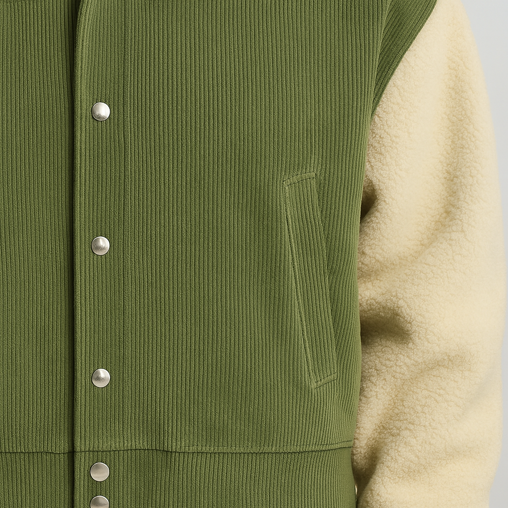 Green corduroy jacket with cream sherpa sleeves, ribbed cuffs, and relaxed fit, styled casually with jeans and layered bracelets.