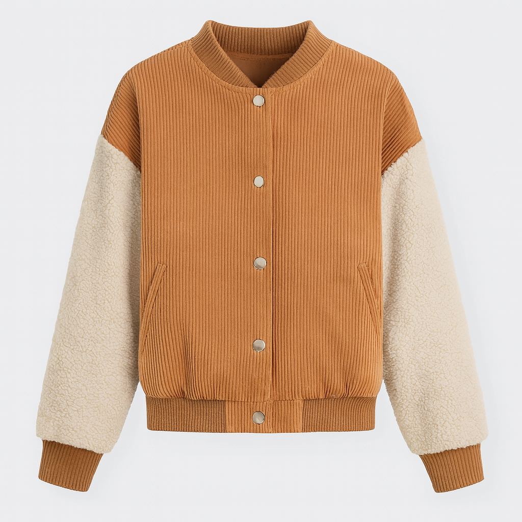 Green corduroy jacket with cream sherpa sleeves, ribbed cuffs, and relaxed fit, styled casually with jeans and layered bracelets.