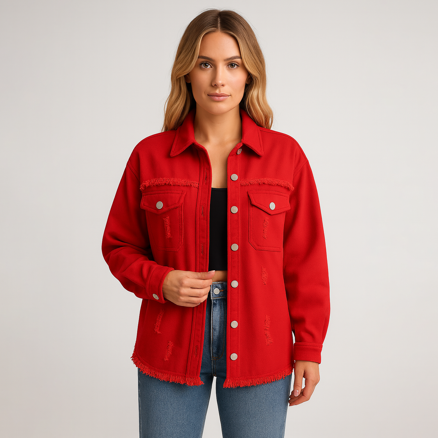 Red distressed denim jacket with fringe hem and oversized fit, styled casually with a black crop top and jeans.