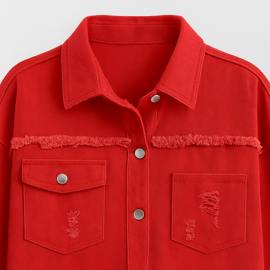 Red distressed denim jacket with fringe hem and oversized fit, styled casually with a black crop top and jeans.