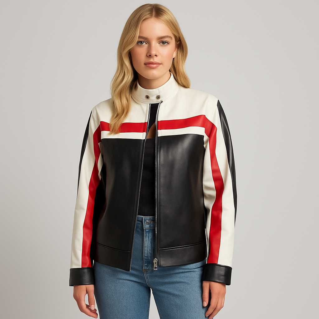 Black, white, and red color-block faux leather moto jacket with high snap collar, styled casually with jeans and a crop top.