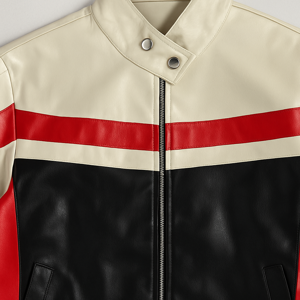 Black, white, and red color-block faux leather moto jacket with high snap collar, styled casually with jeans and a crop top.
