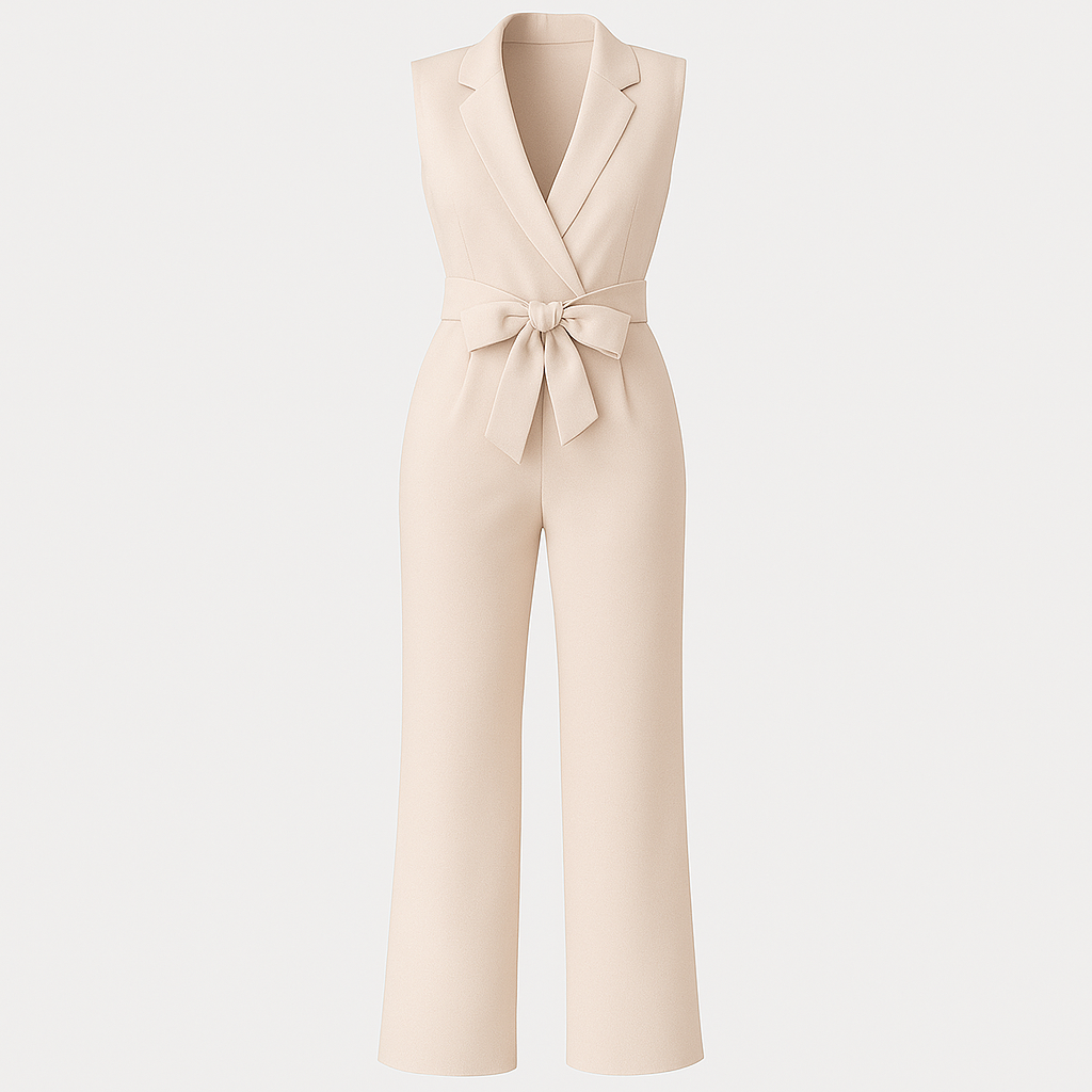 A sleeveless jumpsuit with a deep V-neckline and shawl collar, featuring a wrap-style bodice and a wide fabric belt tied in a bow at the waist. The pants have a straight, tailored fit for a sleek, elegant look.