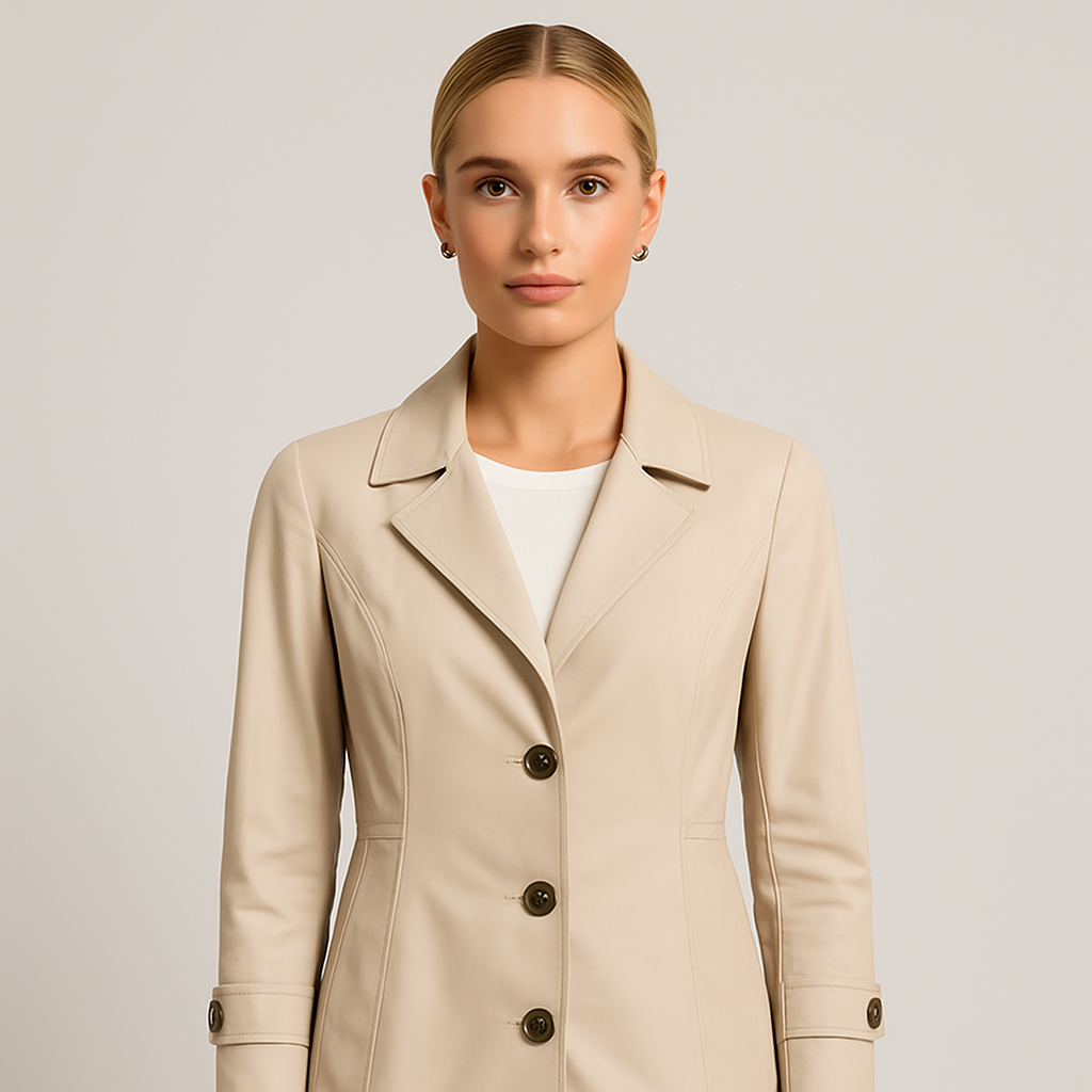 Trench coat with notched lapel collar, button-front closure, and tailored fit, styled with a minimal base layer