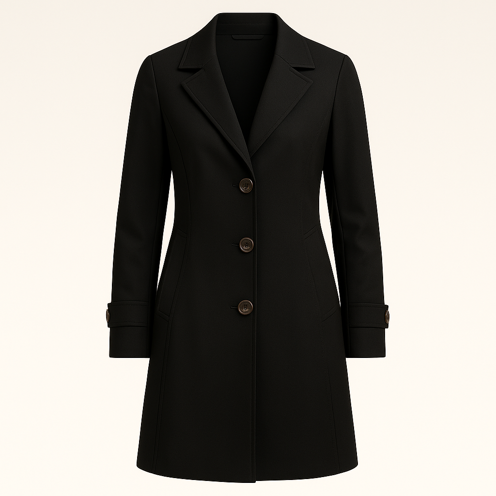 Trench coat with notched lapel collar, button-front closure, and tailored fit, styled with a minimal base layer