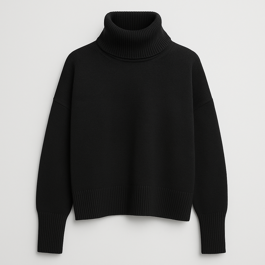 An oversized turtleneck sweater with long sleeves, ribbed cuffs, hem, and a tall ribbed fold-over neckline.