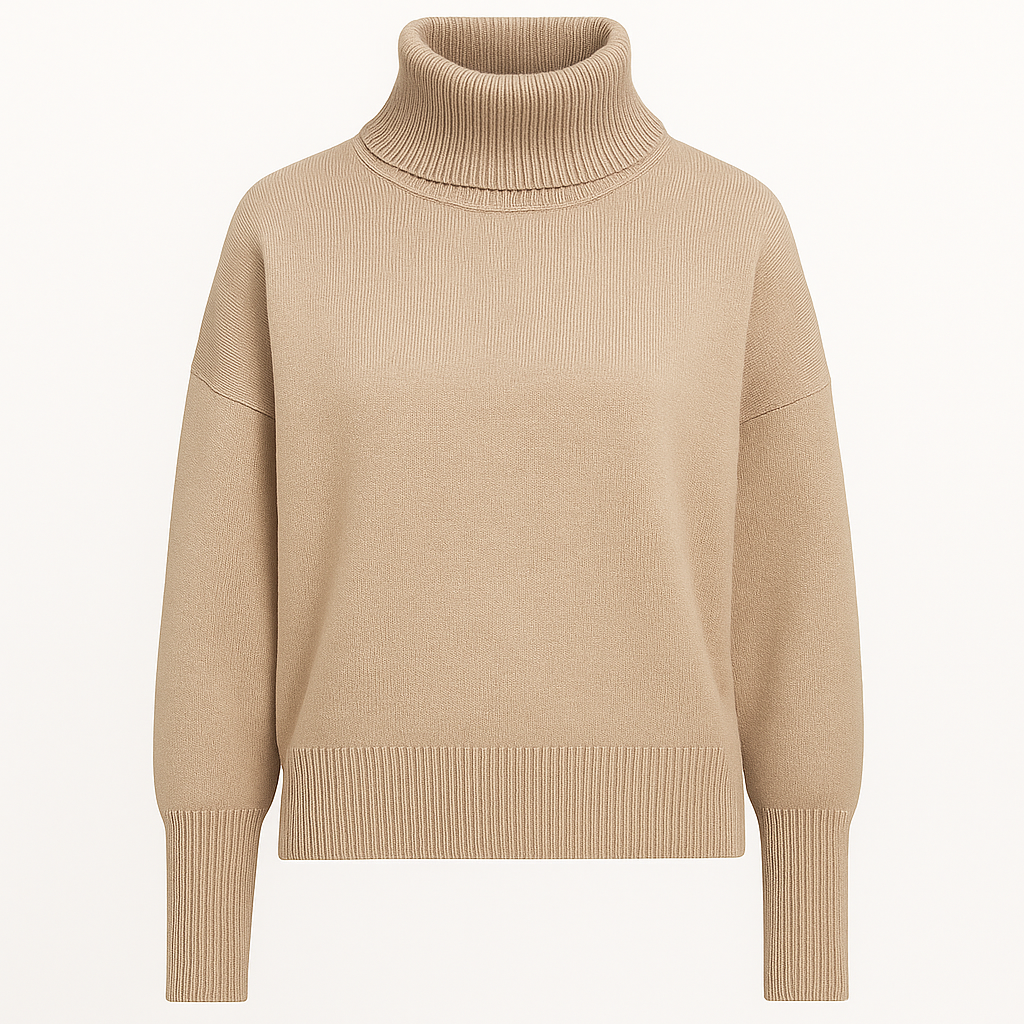 An oversized turtleneck sweater with long sleeves, ribbed cuffs, hem, and a tall ribbed fold-over neckline.