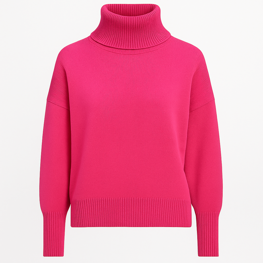 An oversized turtleneck sweater with long sleeves, ribbed cuffs, hem, and a tall ribbed fold-over neckline.
