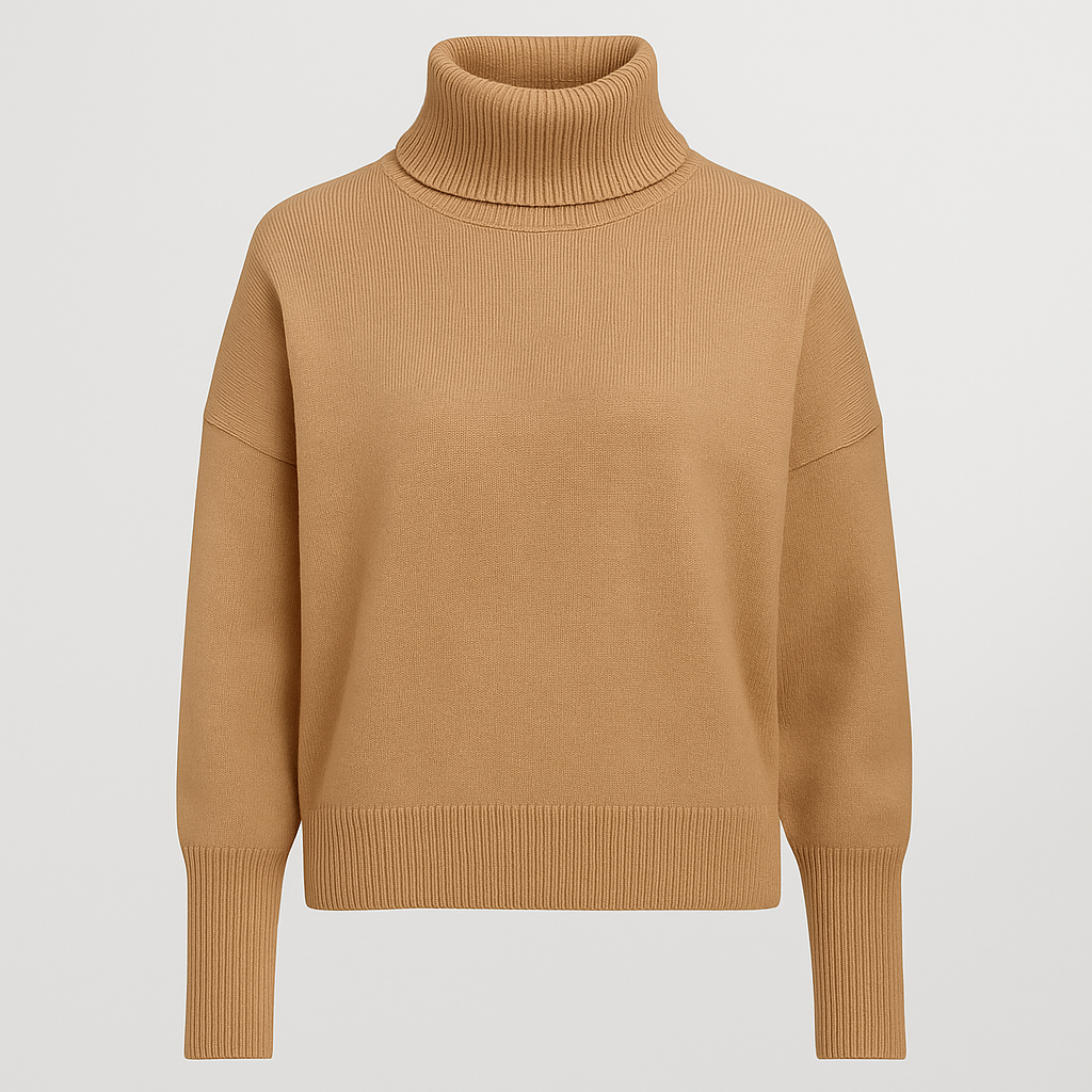 An oversized turtleneck sweater with long sleeves, ribbed cuffs, hem, and a tall ribbed fold-over neckline.